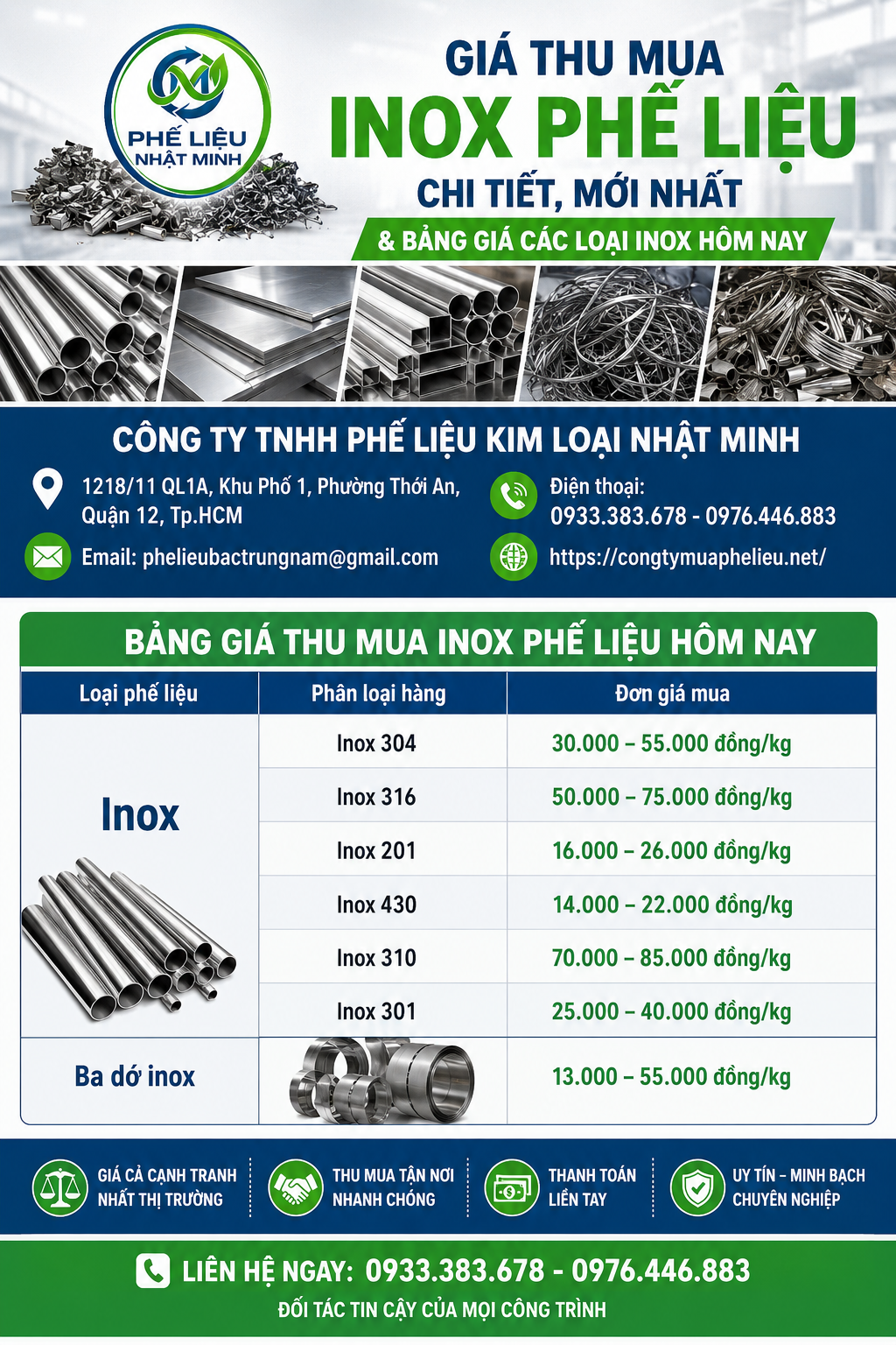 Thu Mua Phế Liệu Inox – Giá Cao, Tận Nơi, Uy Tín Tại Phế Liệu Kim Loại Nhật Minh