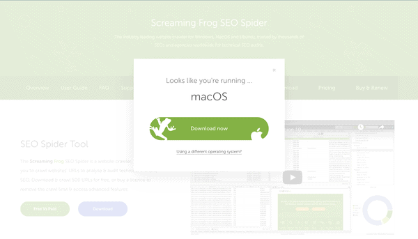 Giao diện để tải phần mềm Screaming Frog