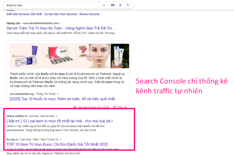 Search console chỉ thống kê organic traffic