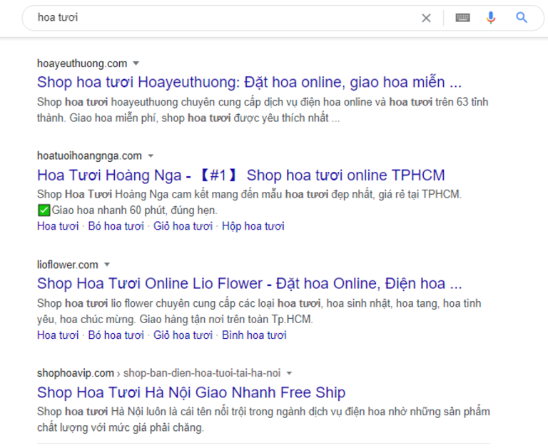 Kết quả tìm kiếm gợi ý địa chỉ, shop hoa tươi cho người dùng